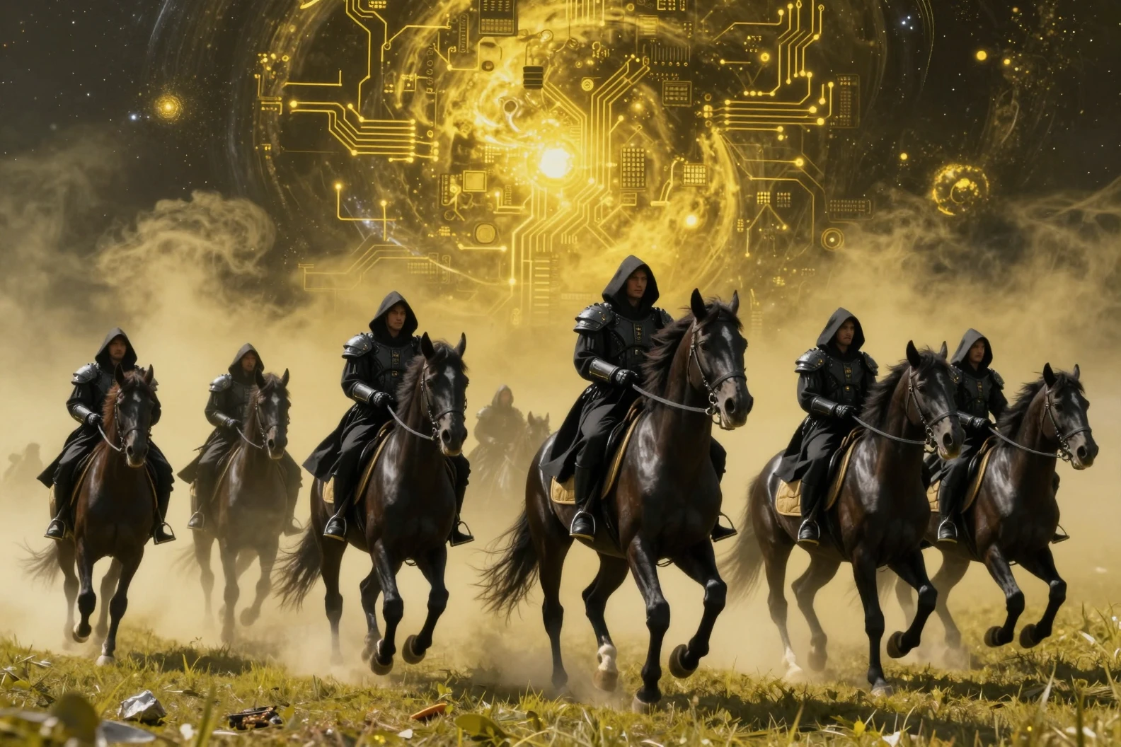 Guerriers en armure noire chevauchant des étalons à travers un champ futuriste