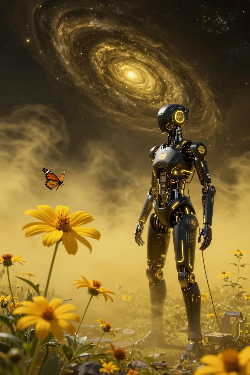 Sci-Fi: Gelbe Sternblume und Monarchfalter im Weltraum