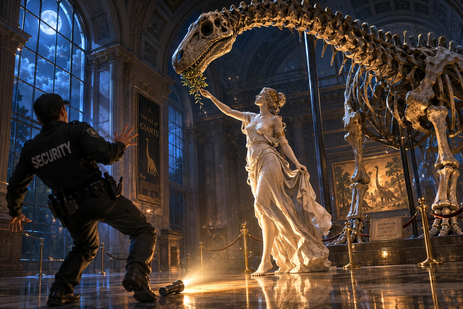 Deusa de mármore alimenta esqueleto de dinossauro gigante à noite