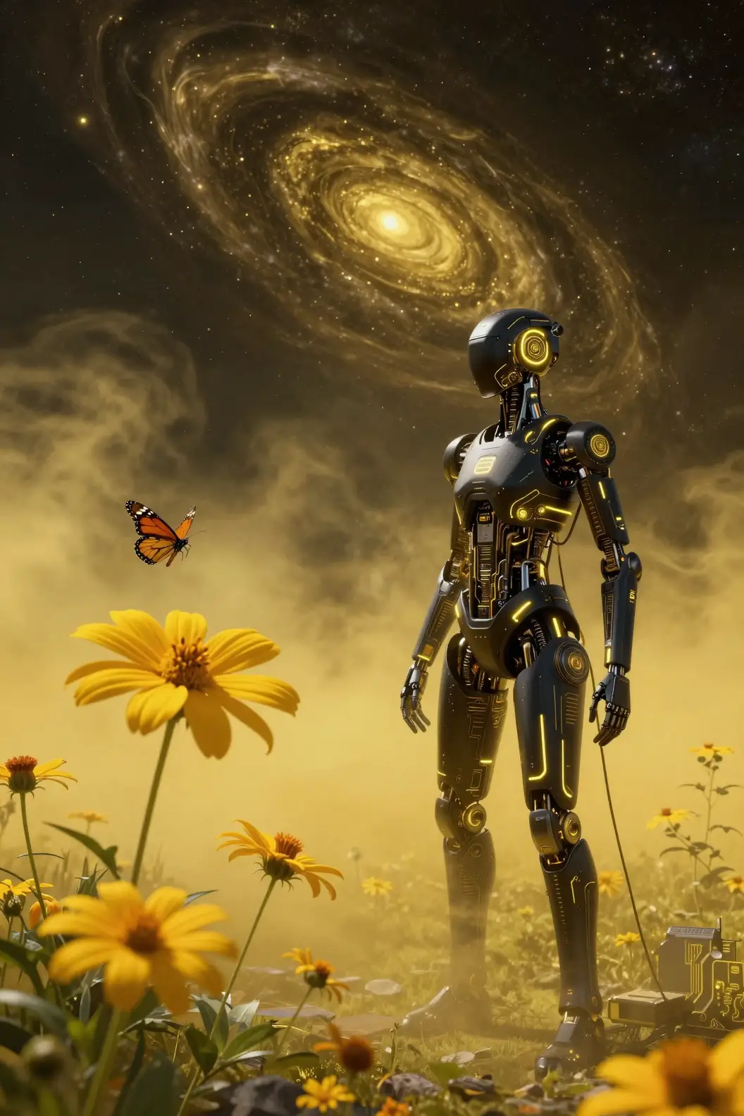科幻風宇宙中的黃色星形花與帝王蝶