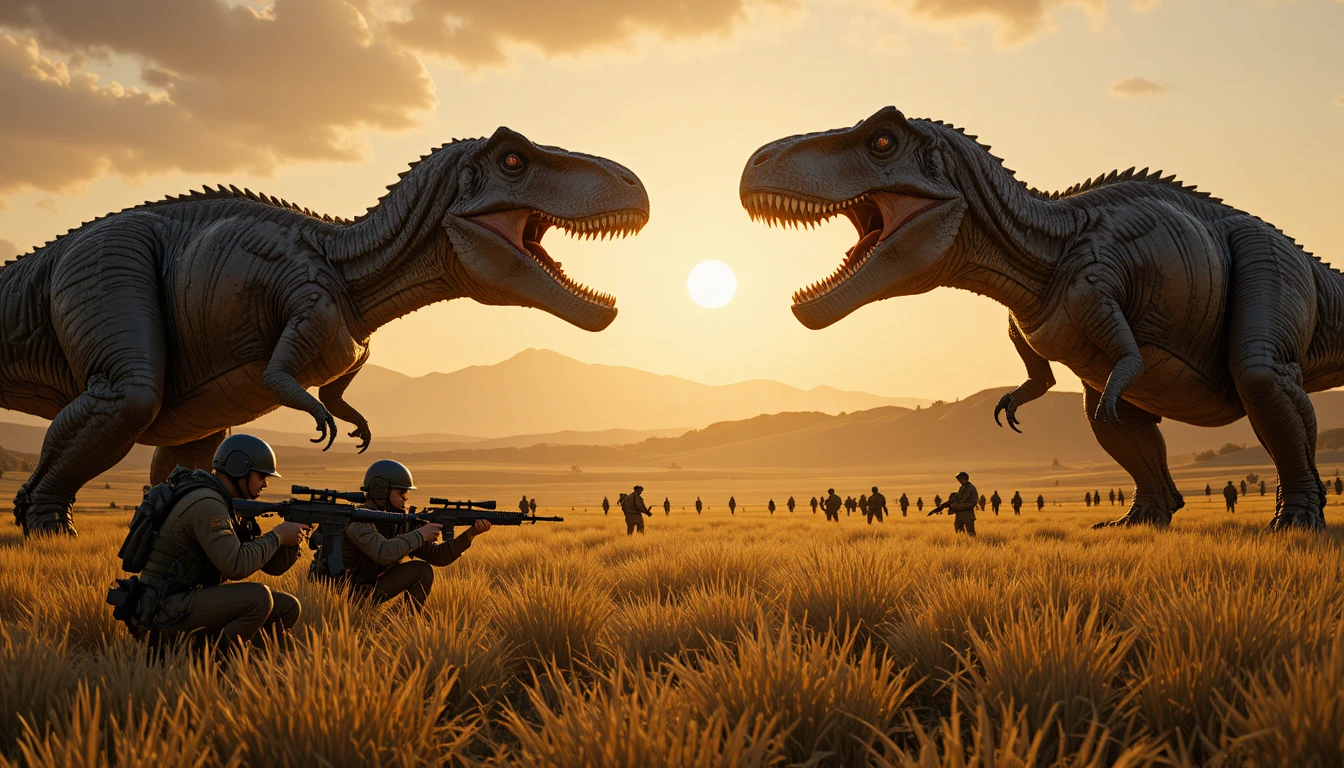 Soldaten stehen zwei riesigen T-Rex im Grasland bei Sonnenuntergang gegenüber