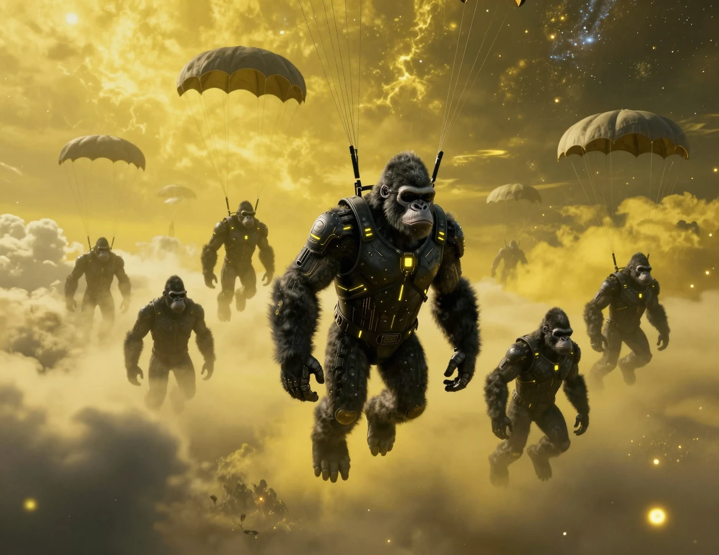 Gorilas acorazados descendiendo de un cielo amarillo de ciencia ficción