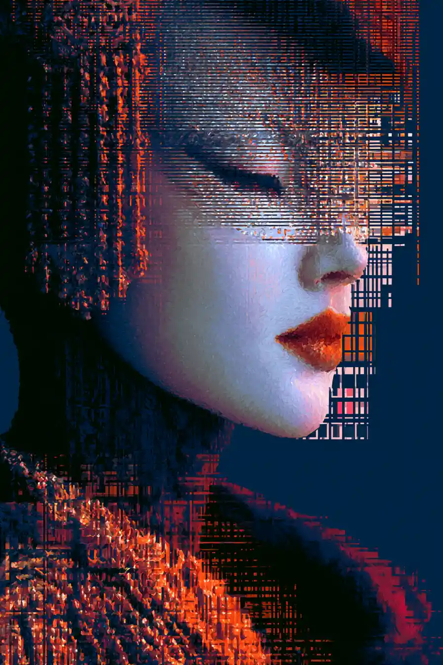 Ritratto surreale di una donna punk glamour con visione glitch