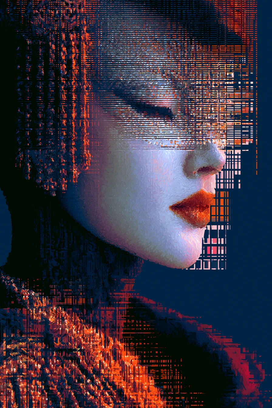 Surreal portrait of a glamorous punk woman with glitch vision