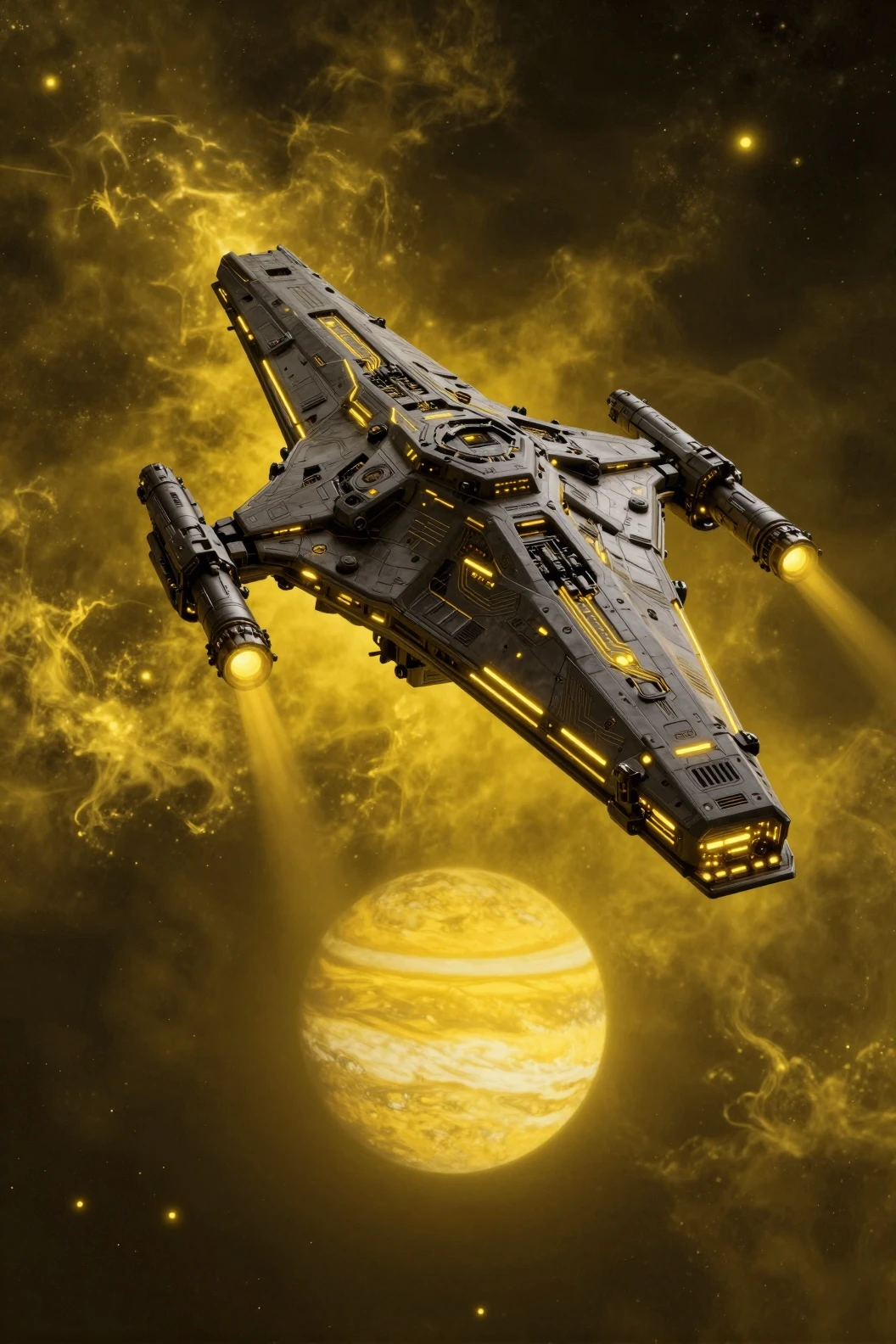 Massiver Sci‑Fi-Sternenzerstörer über einem gelben Gasriesen