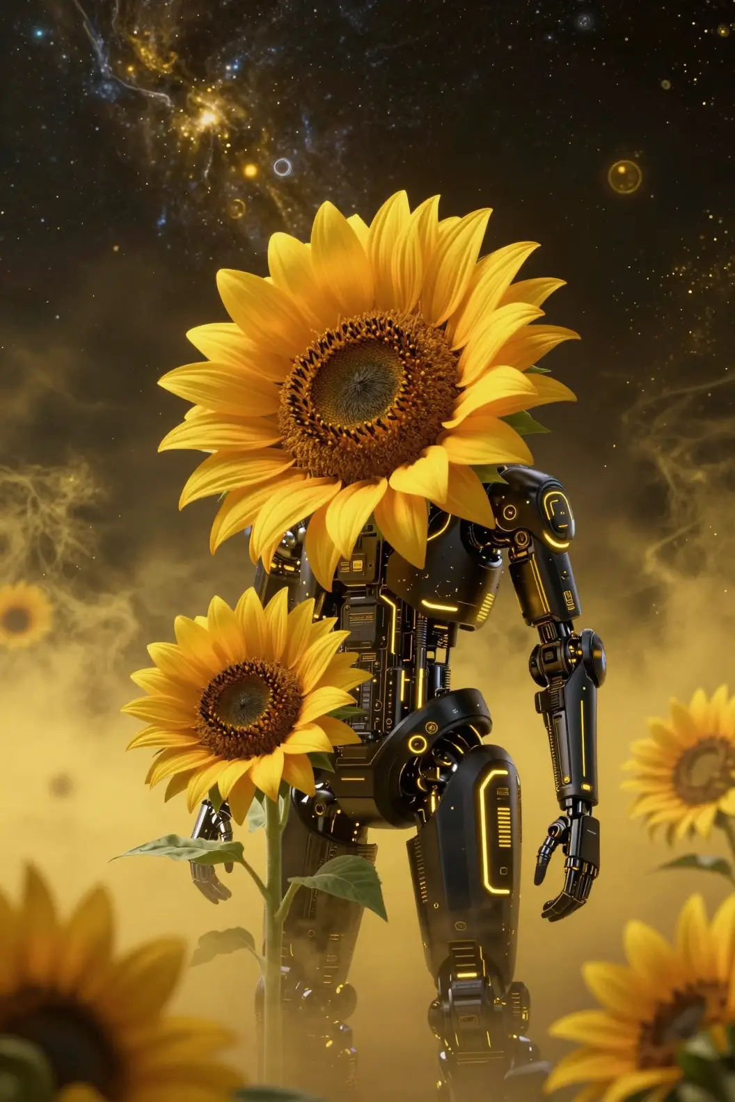 Girasole futuristico che brilla di luce al neon nello spazio cosmico