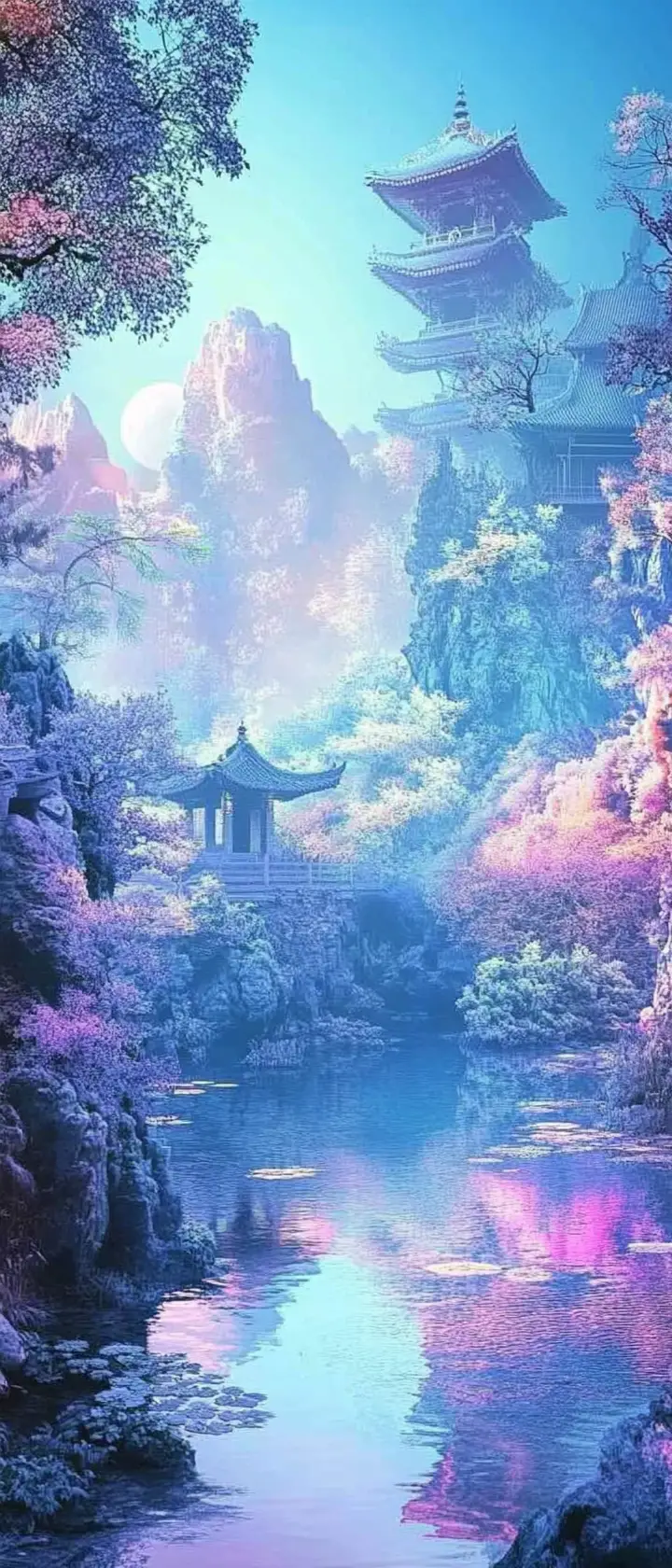 Surreal pastel landscape with bright cheerful zen atmosphere