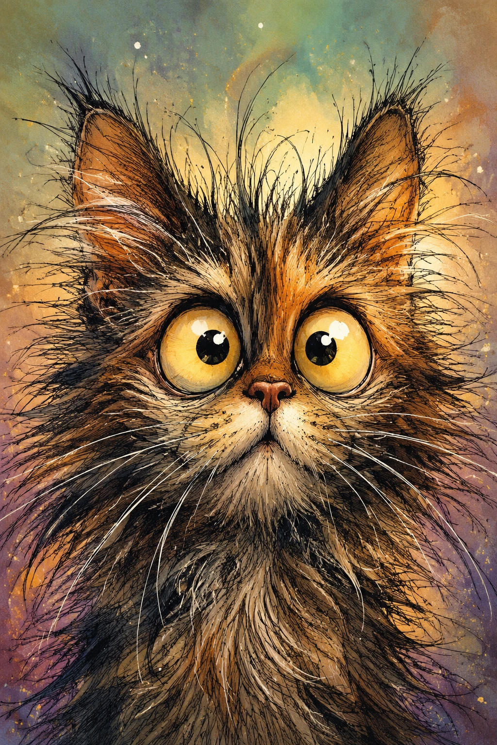 Visage de chat cartoon duveteux et choqué en illustration aquarelle