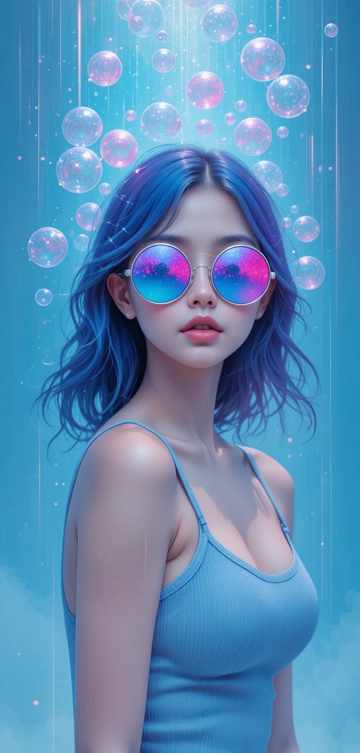 Giovane donna con occhiali da sole a specchio tra bolle acquatiche