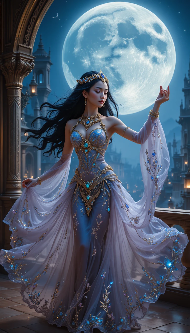 Femme fantastique dansant sous une pleine lune lumineuse