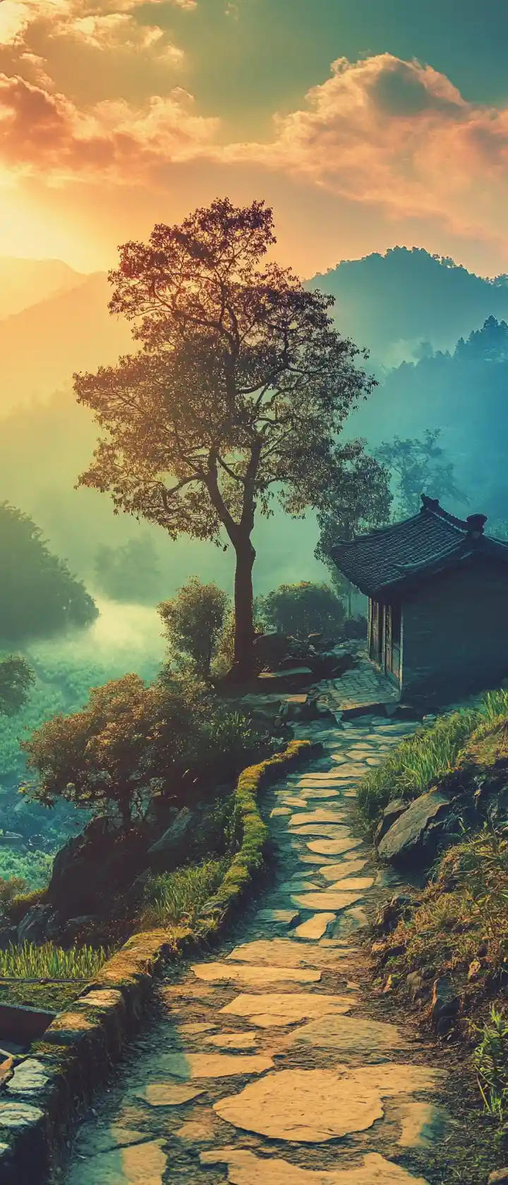 Surreale Zen-Landschaft mit hellen, fröhlichen Pastellfarben