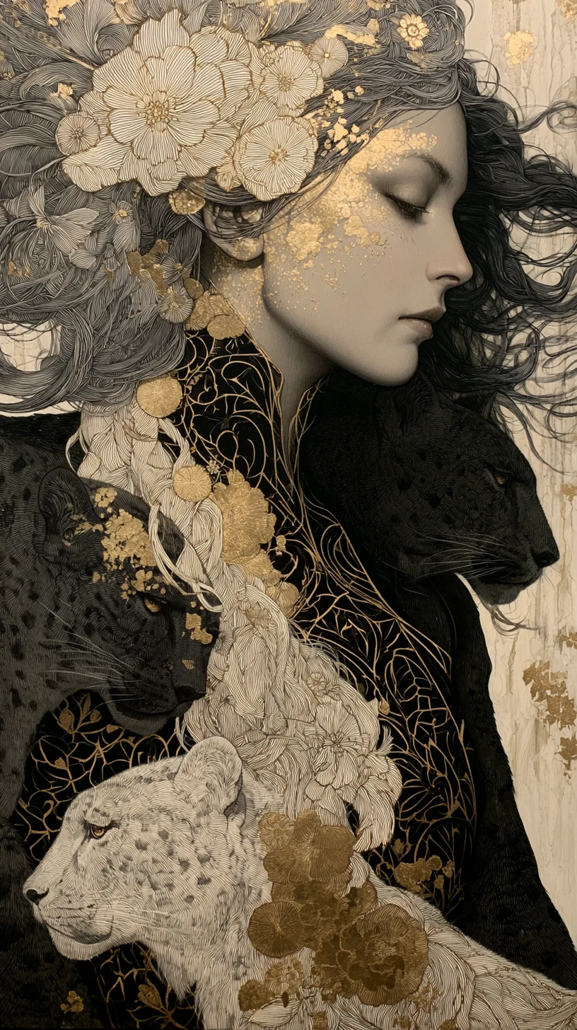 Retrato onírico de deusa com felinos e detalhes florais em dourado