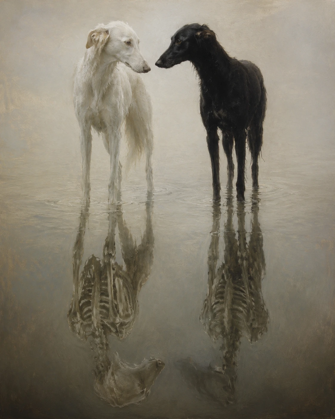 Cães-pintados em água rasa refletiva em estilo fine art