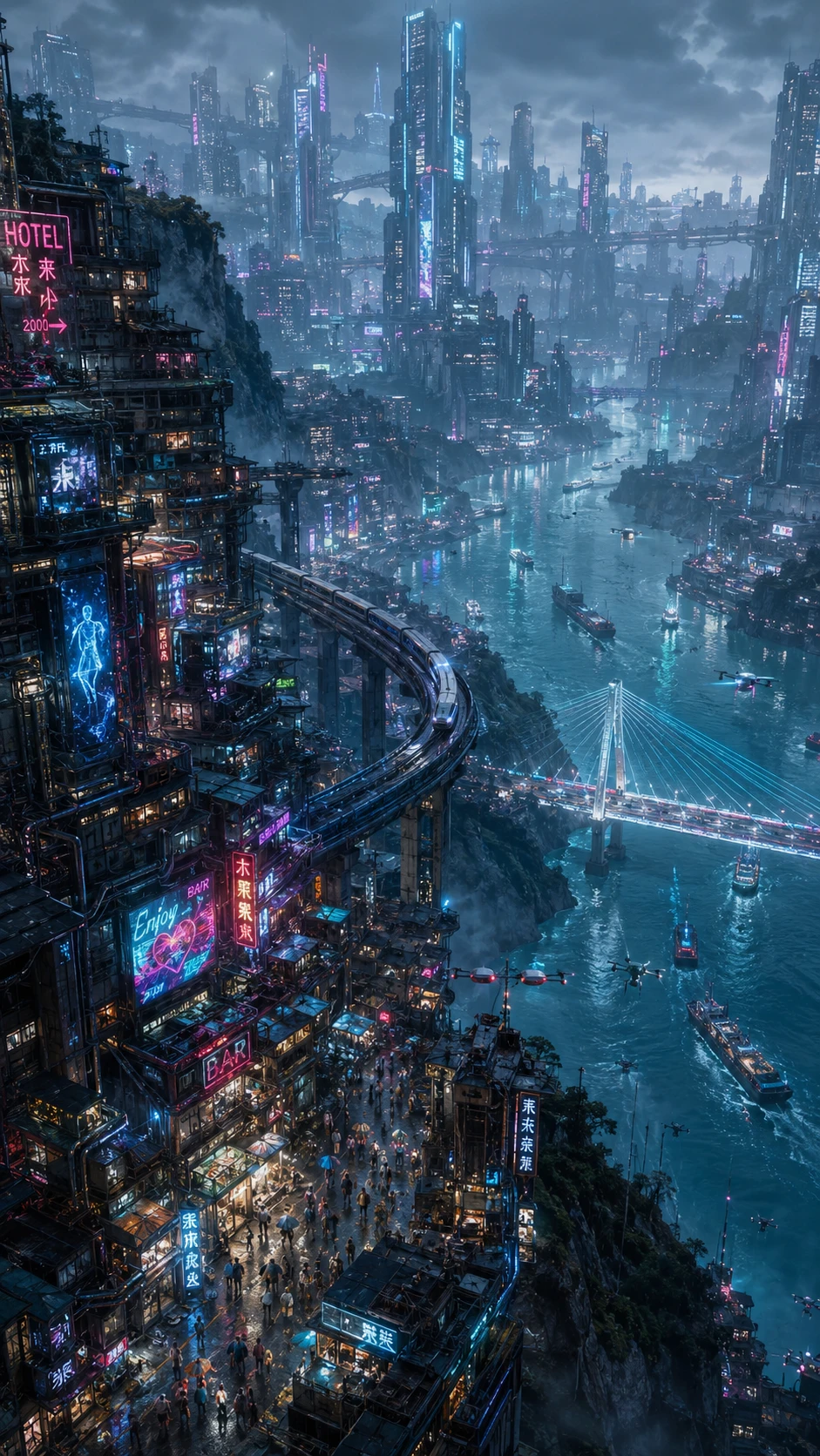 Aerial view of cyberpunk mountain city with neon river