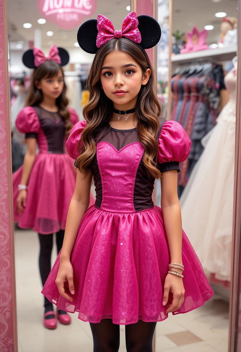 Pré-adolescente nervosa com vestido rosa da Minnie diante do espelho
