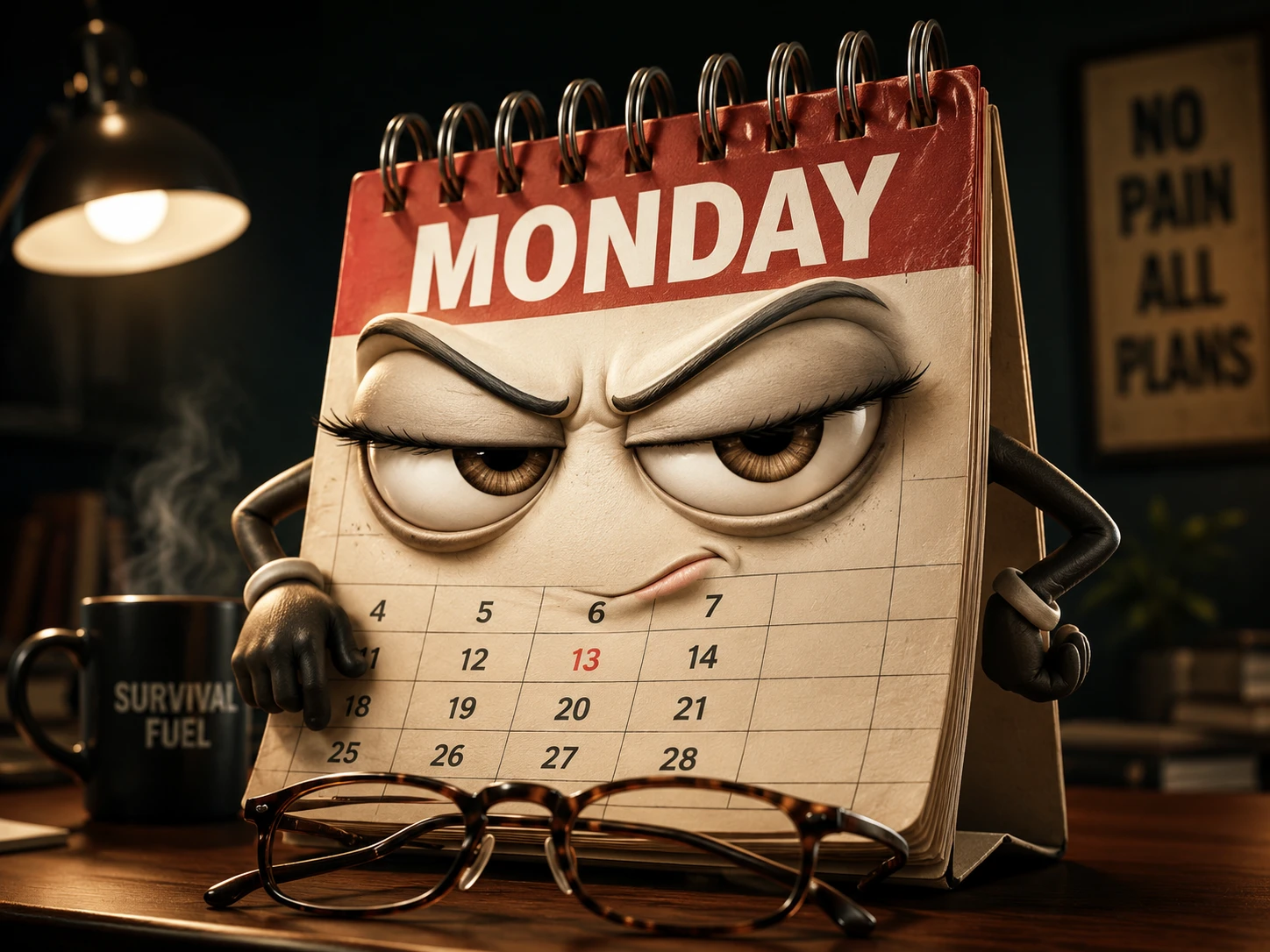 Calendrier anthropomorphe lançant un regard noir par-dessus des lunettes, café à proximité