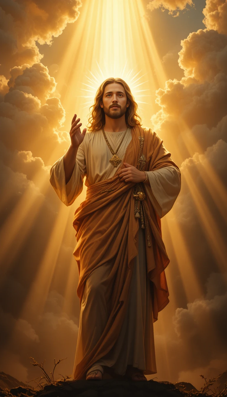 Jésus-Christ dans une lumière divine rayonnante parmi des nuages qui s’ouvrent