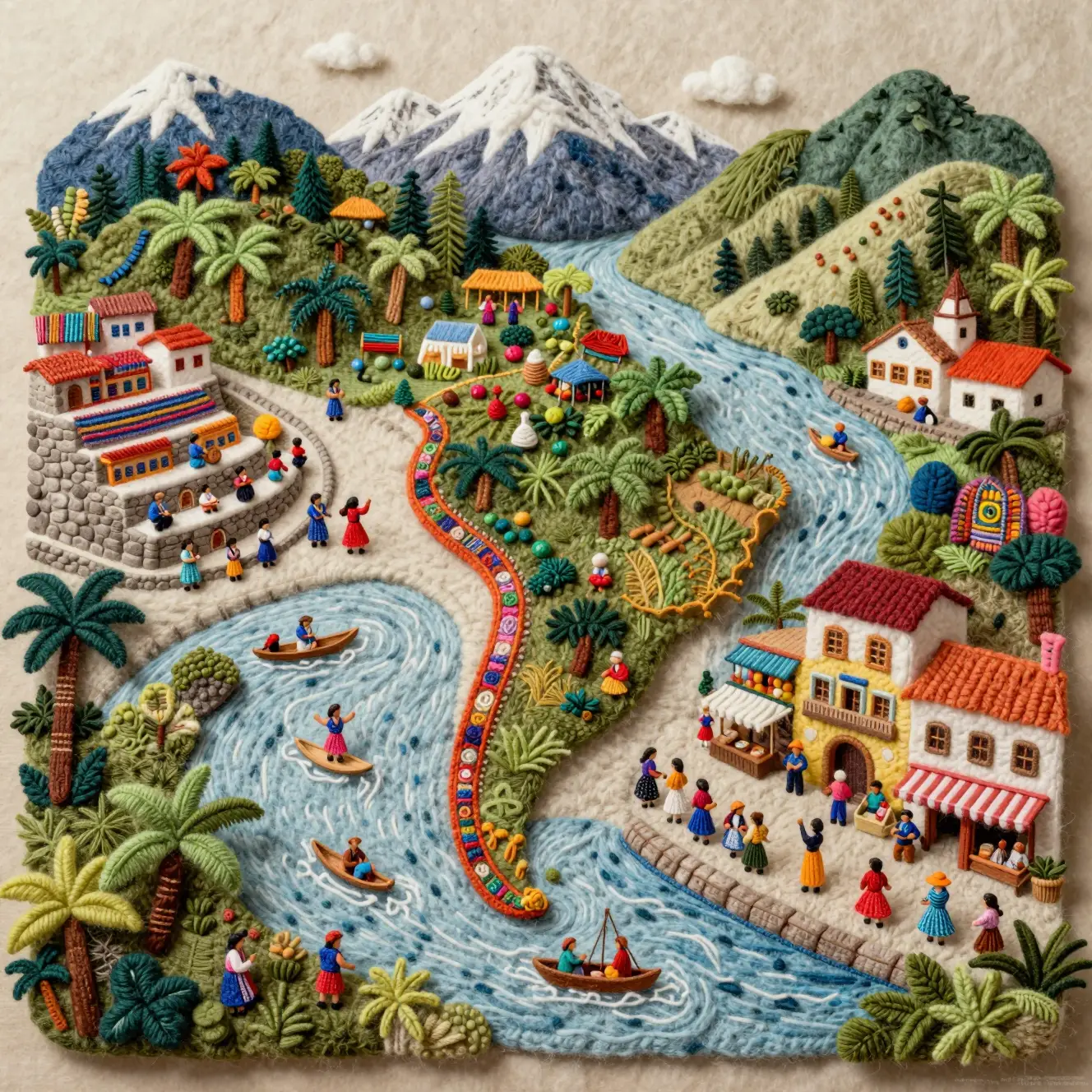 Textildiorama südamerikanischer Kulturlandschaft