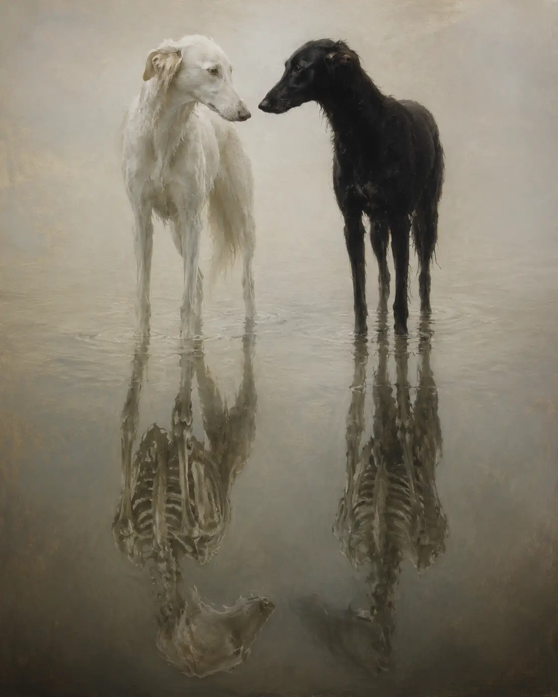 Painted dogs standing in shallow reflective water in fine art style