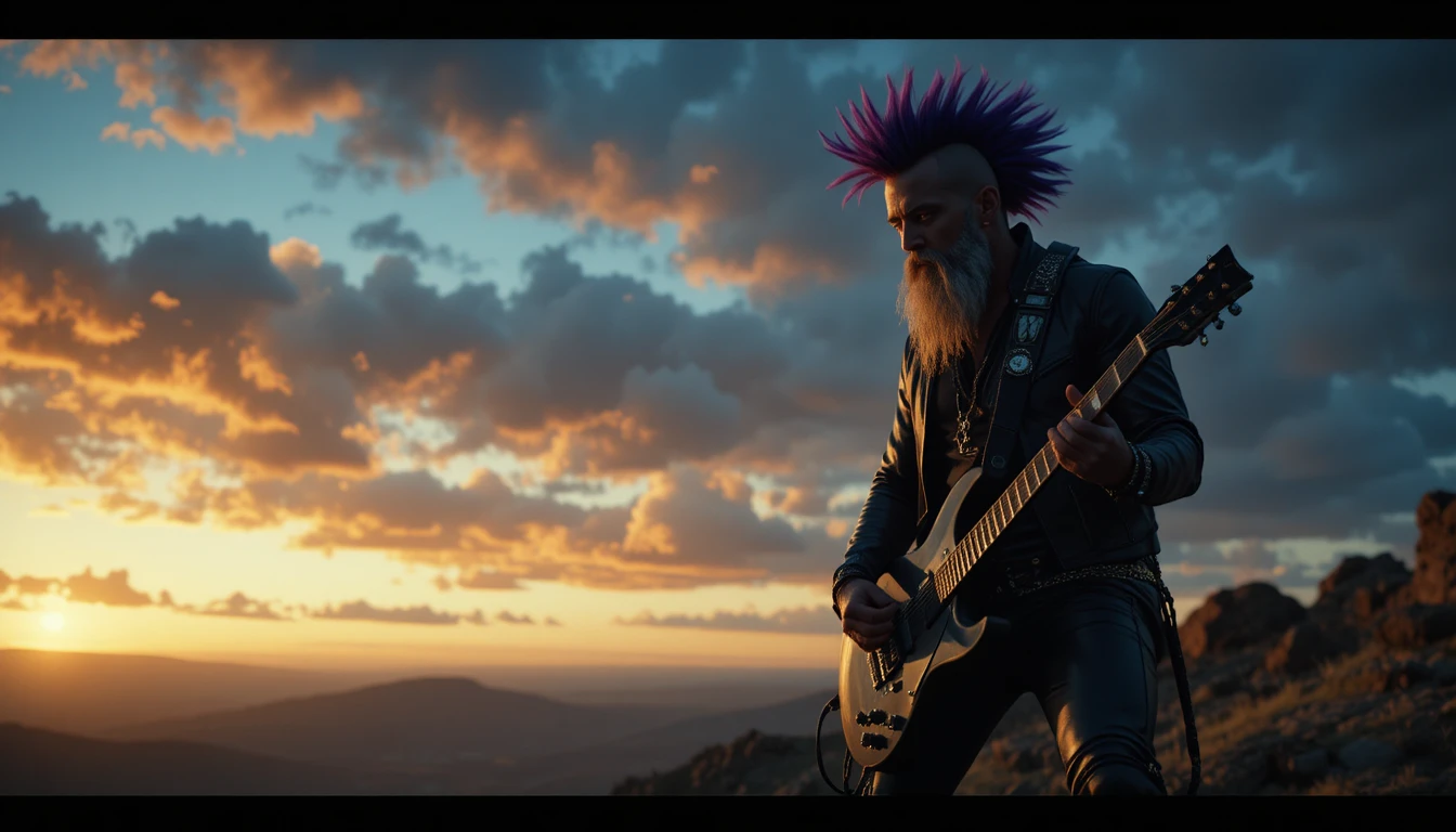 Rockstar dalla barba grigia che fa un assolo su una collina al tramonto