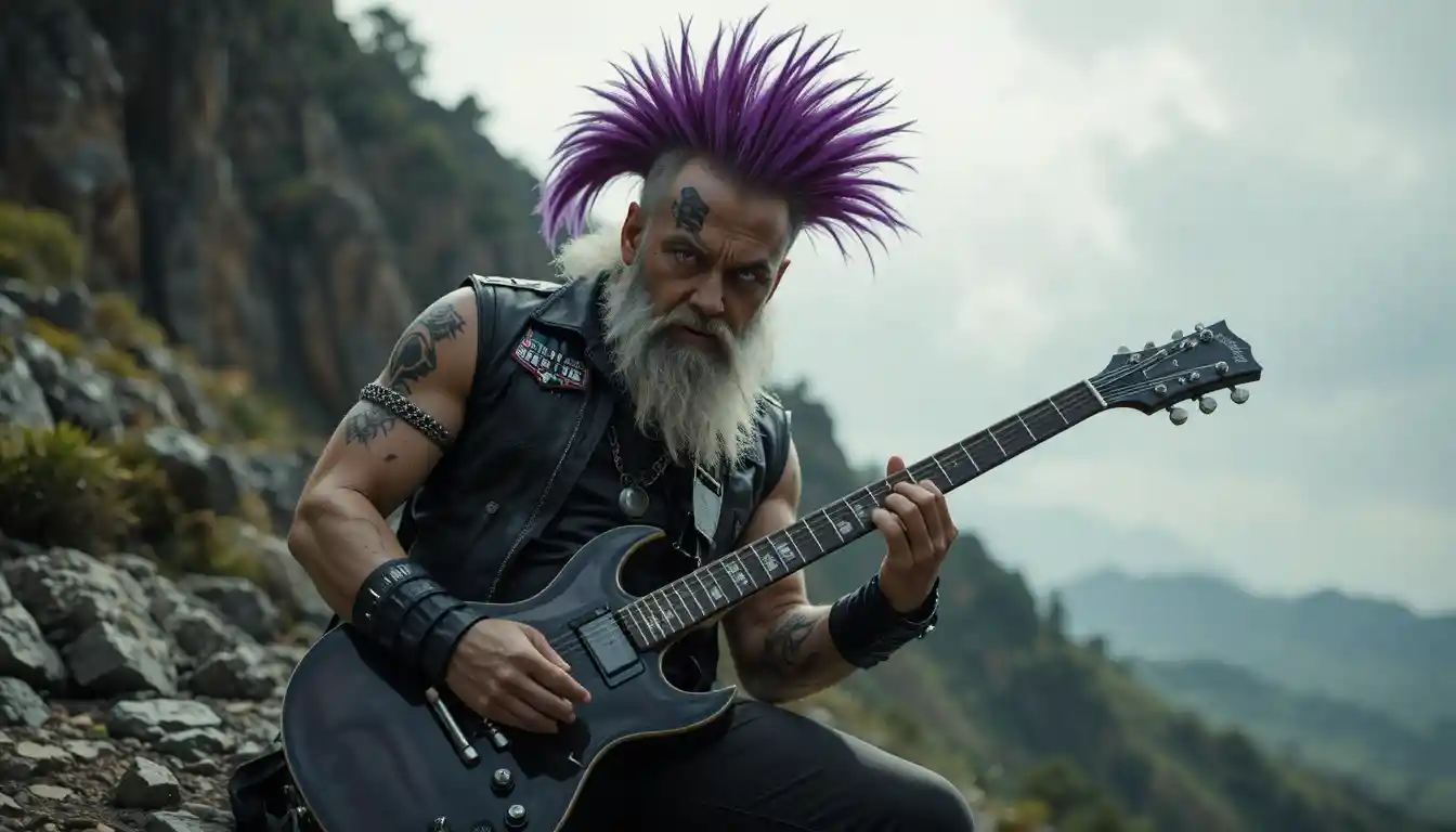 Guitariste rock à crête violette jouant sur une colline rocheuse