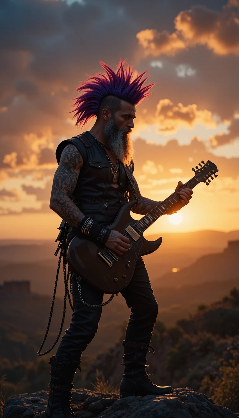 Chitarrista rock anziano che fa un assolo su un masso al tramonto