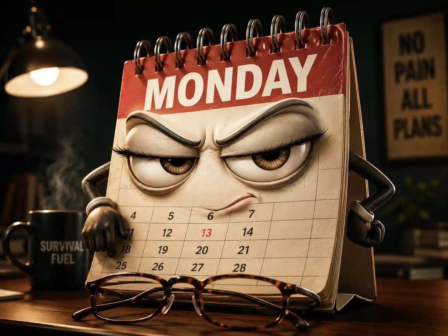 Anthropomorpher Kalender starrt über eine Brille, neben einer Tasse Kaffee