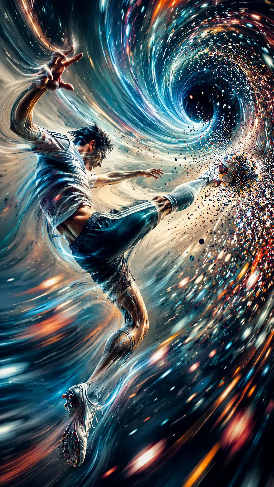 Athletic player kicking a ball into swirling vortex