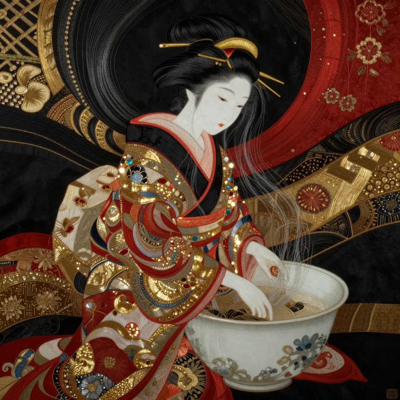 Ritratto malinconico di geisha in raffinata fiber art giapponese