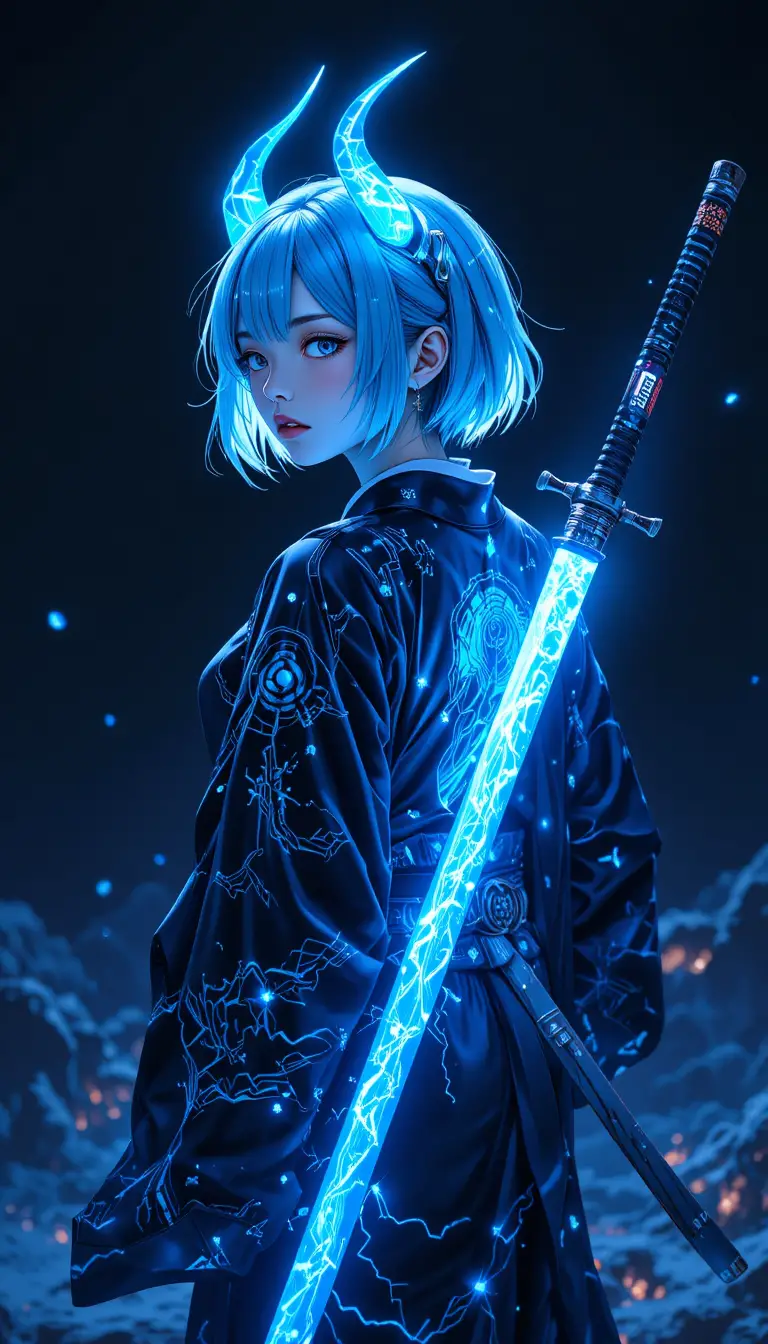 持有發光武士刀與電藍目光的賽博動漫女孩