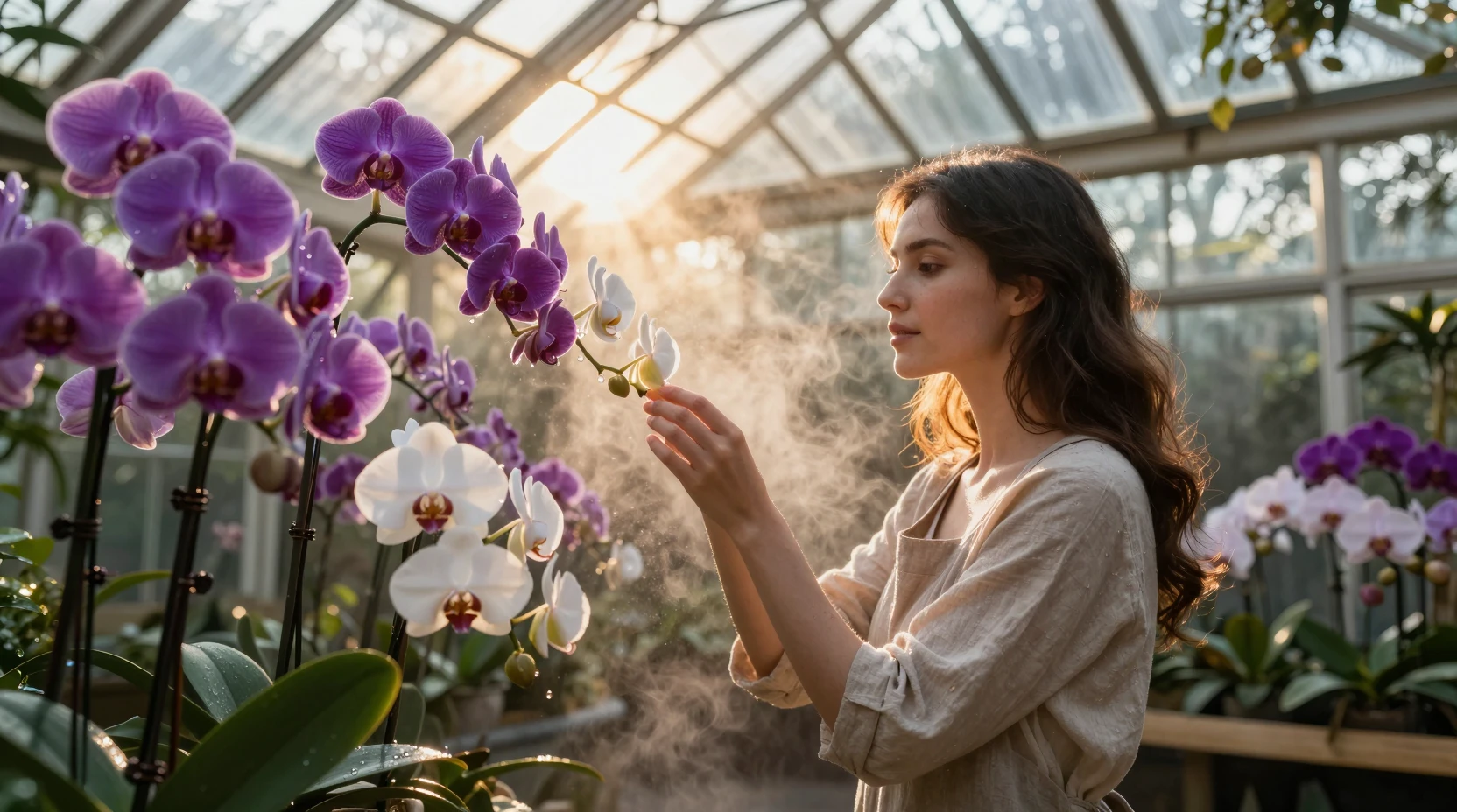 Donna che cura orchidee in una serra di vetro illuminata dal sole