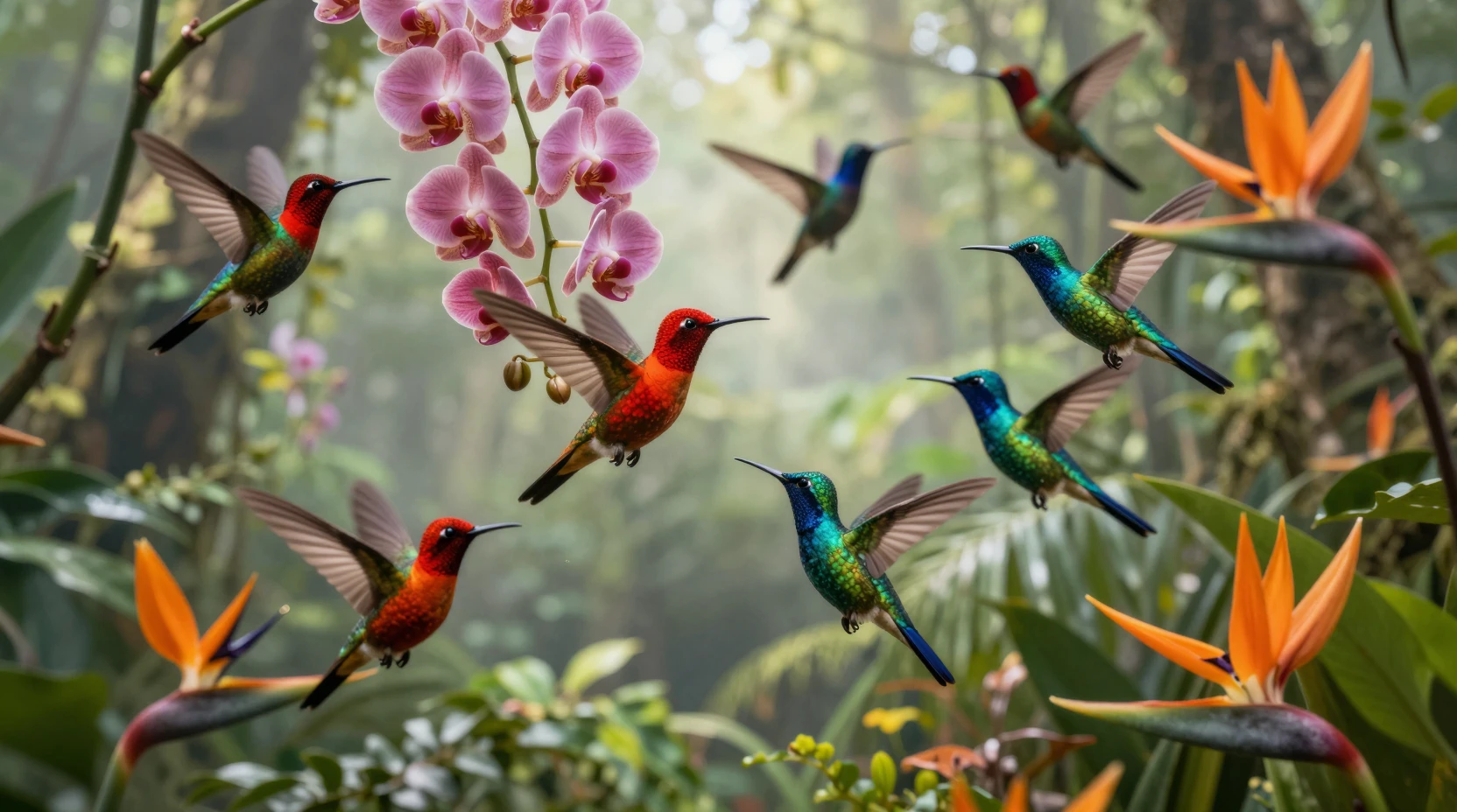 Beija-flores coloridos dançando em uma selva enevoada