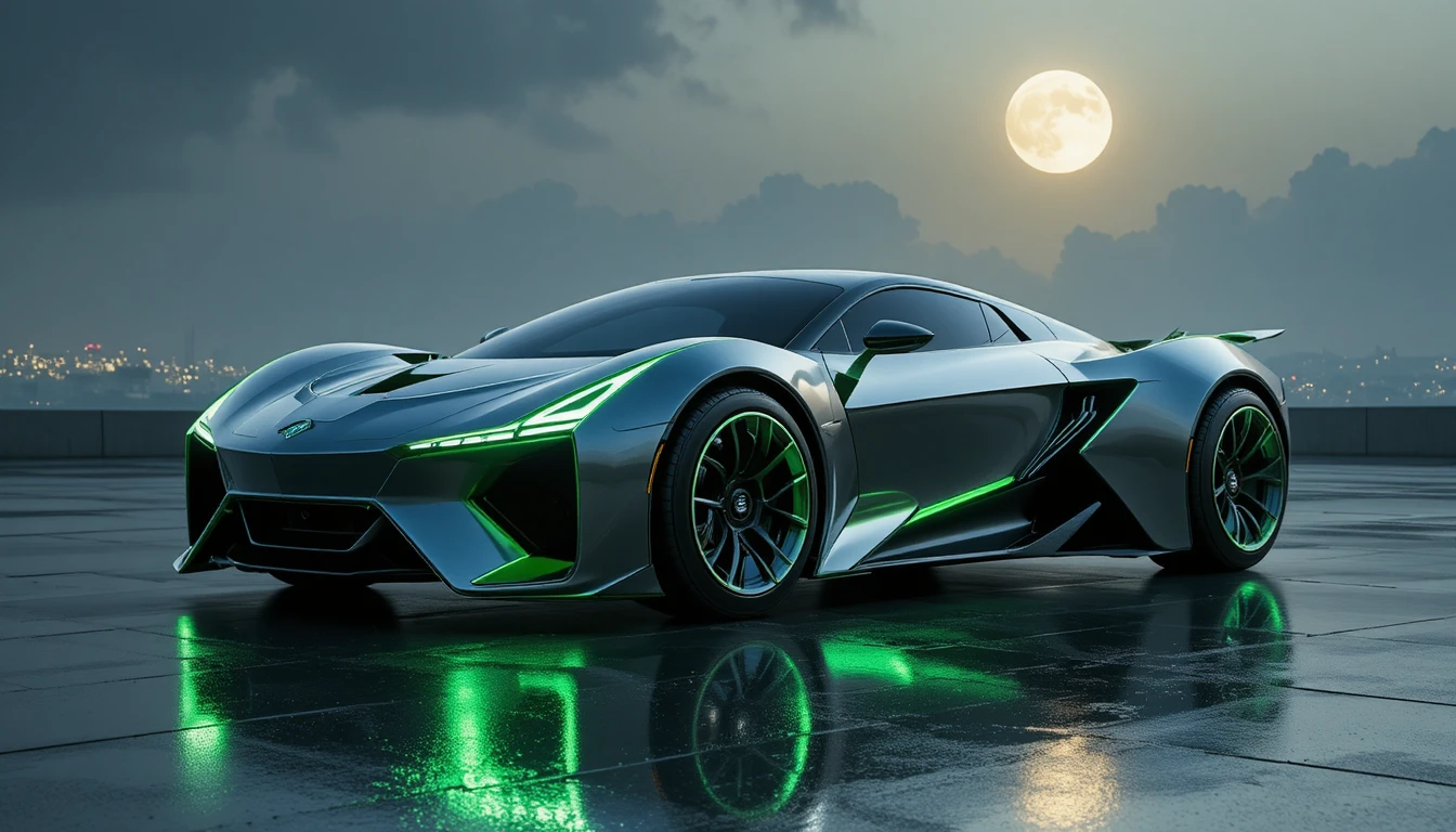 Carro prateado futurista sob um céu urbano enevoado ao luar
