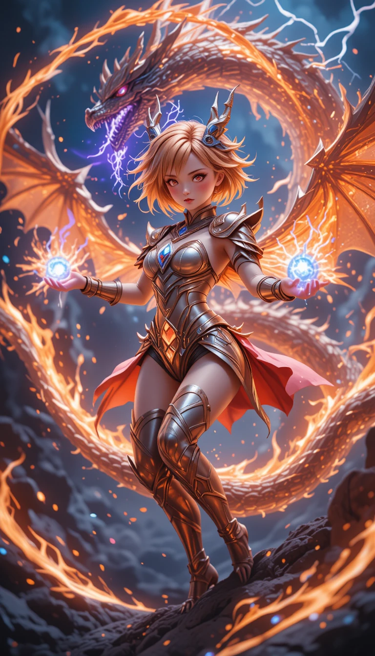 Guerriera anime infuocata con ali luminose in battaglia