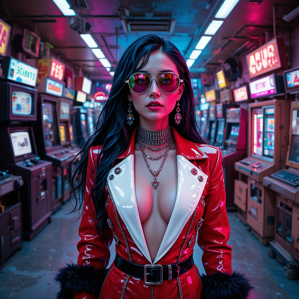 Femme cyberpunk stylée dans une arcade rétro néon