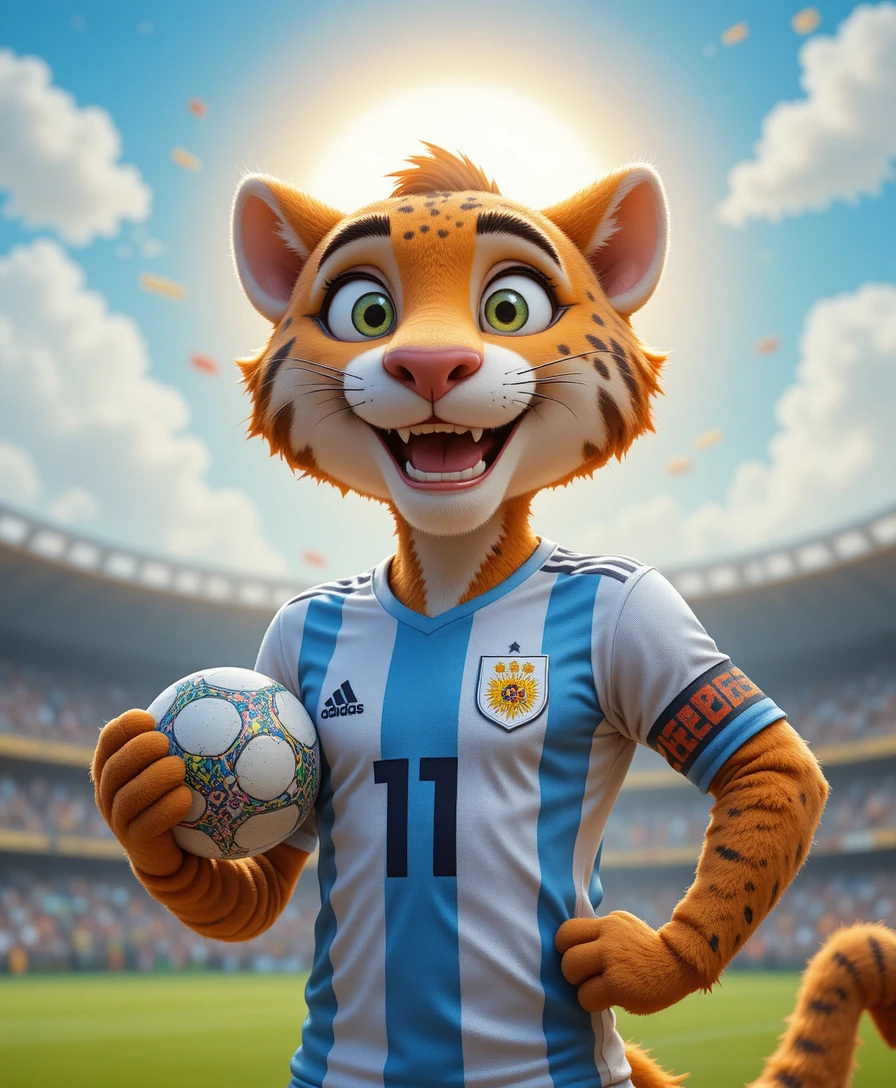 Mascote puma argentino com camisa de futebol segurando a bola