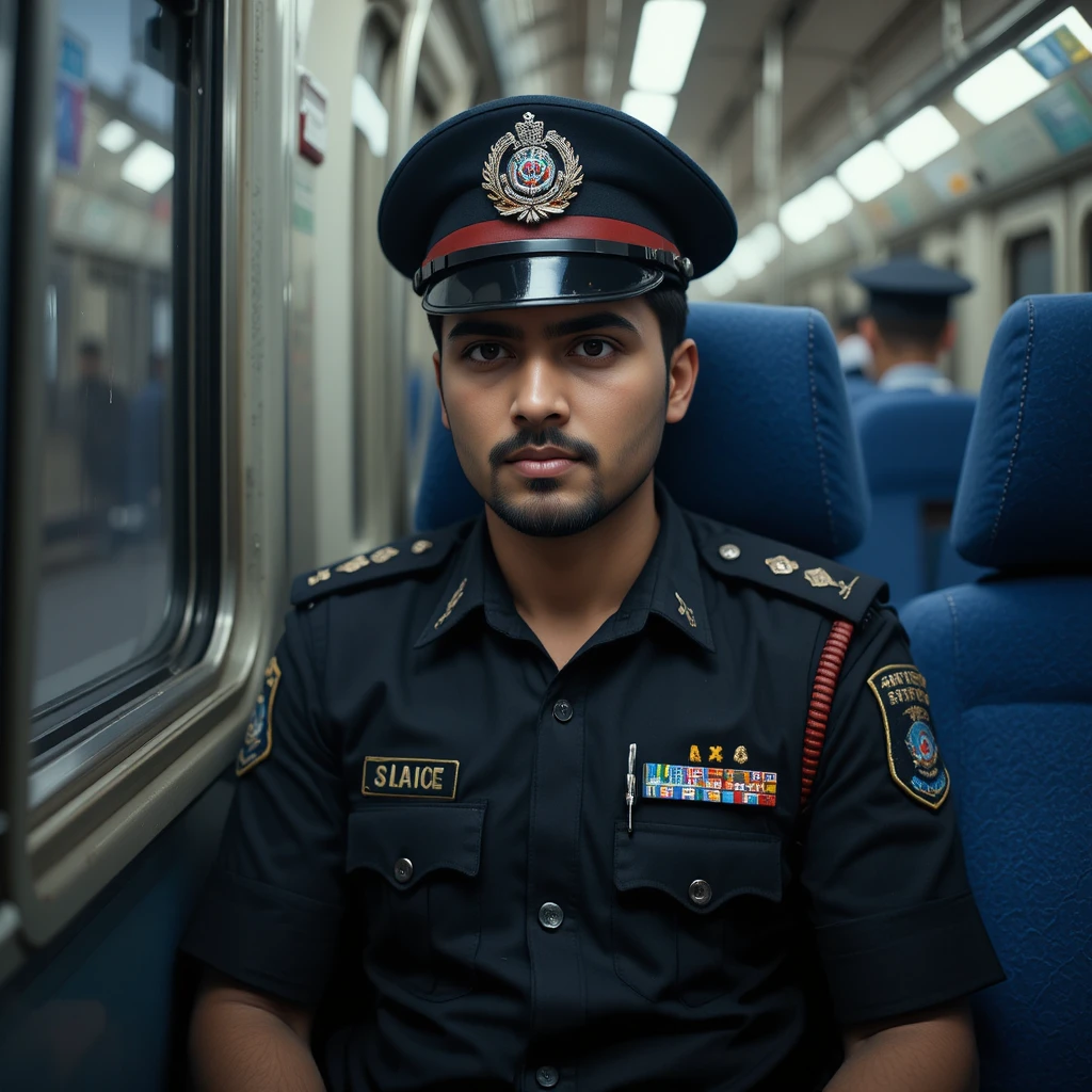 Jeune policier en uniforme noir assis sur un siège de train