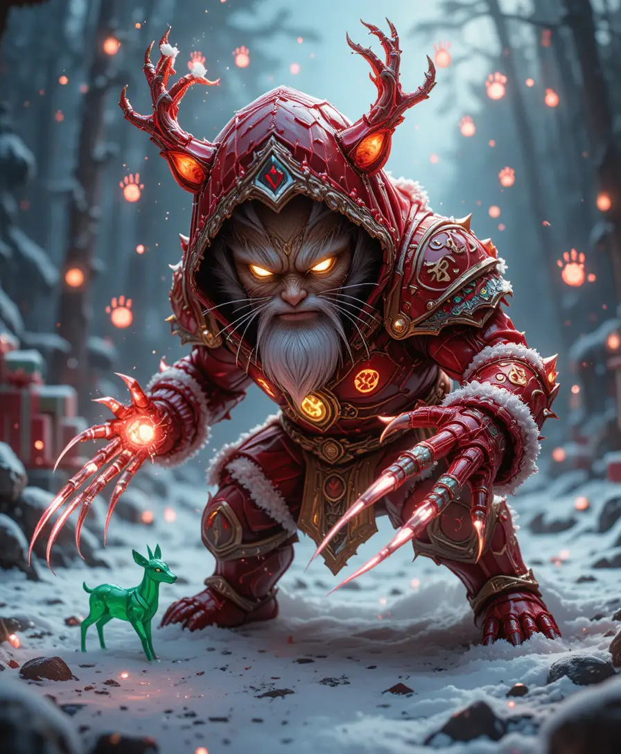 Crystal tabby cat warrior in rune covered santa armor
