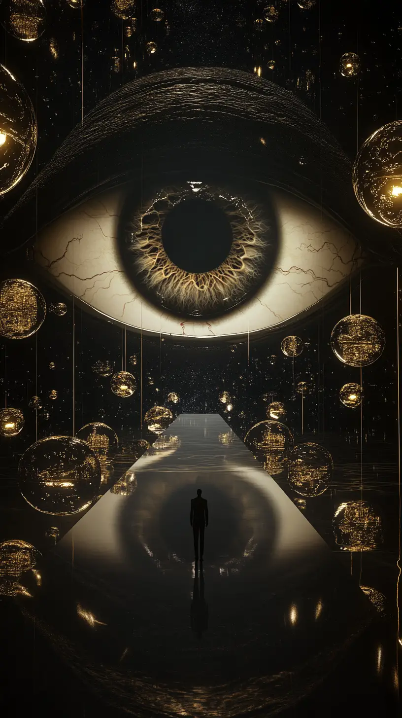 Œil colossal flottant dans une chambre de miroirs infinie