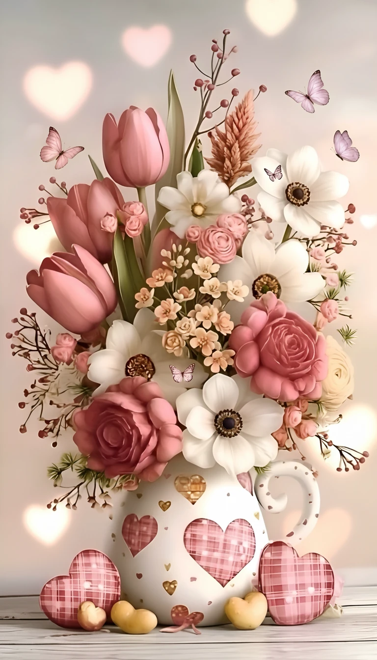 Romantischer Blumenstrauß mit Schmetterlingen und Herzdeko