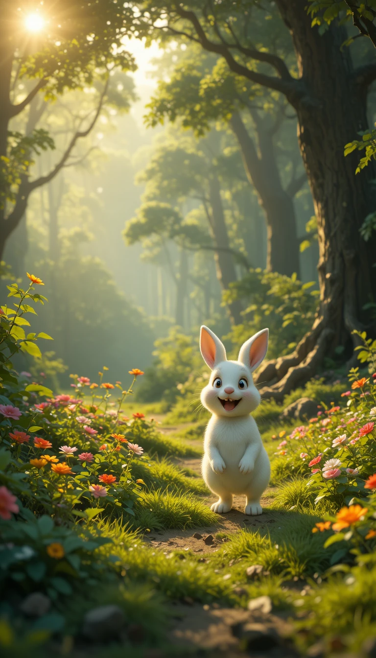 Coelhinho branco fofo em uma floresta mágica exuberante