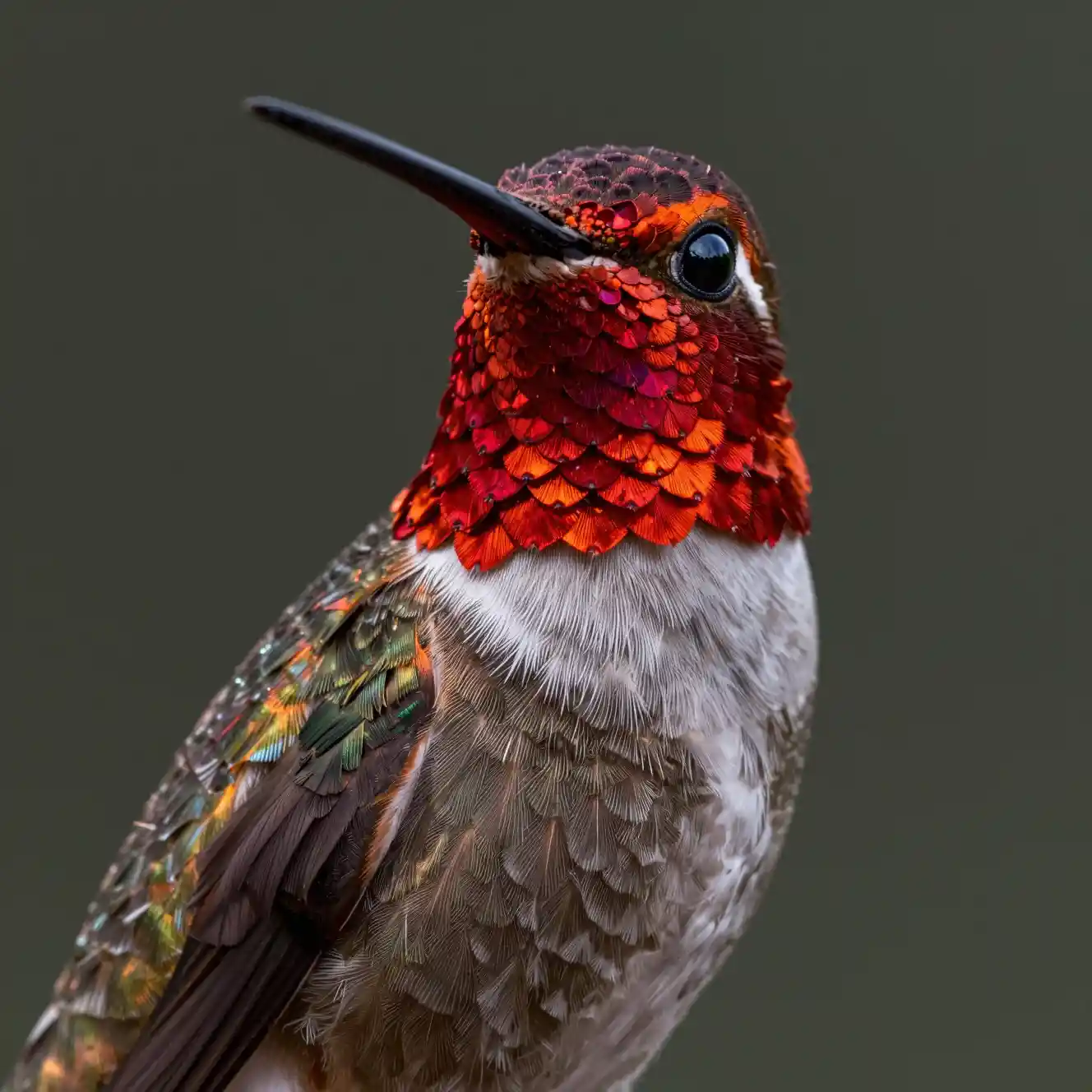 Macro portrait of a ruby throated hummingbird in studio light
