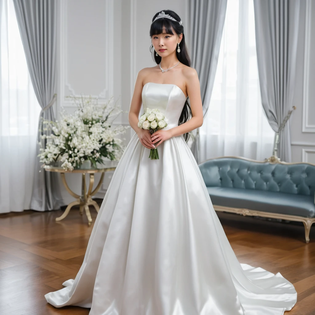 Elegante noiva japonesa com vestido de noiva de cetim branco