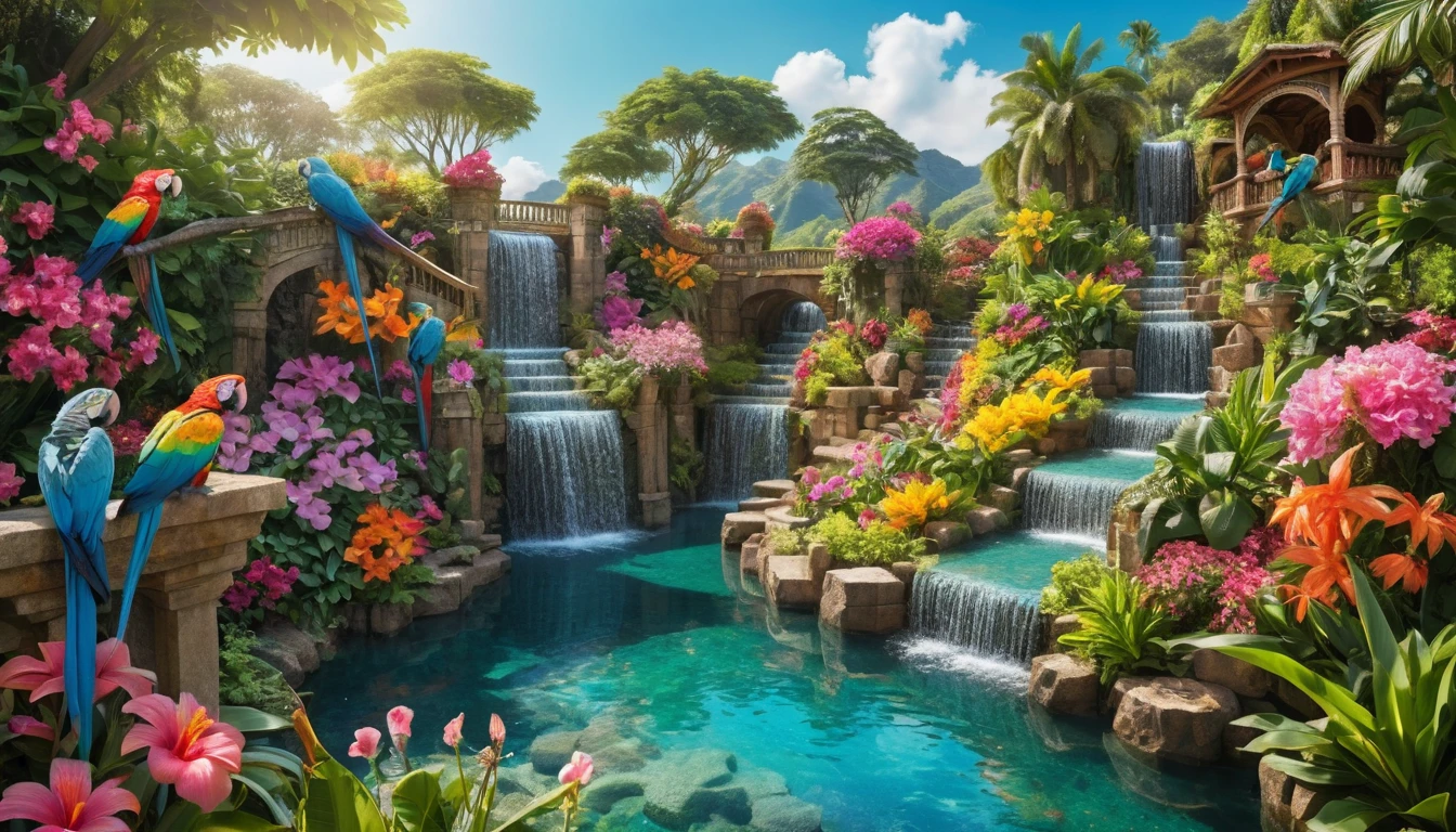 ターコイズ色の滝のそばの幻想的な段々花園