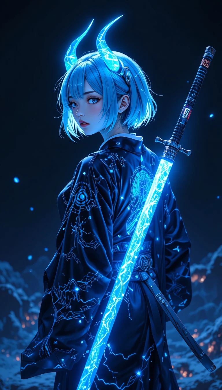 持有發光武士刀與電藍目光的賽博動漫女孩