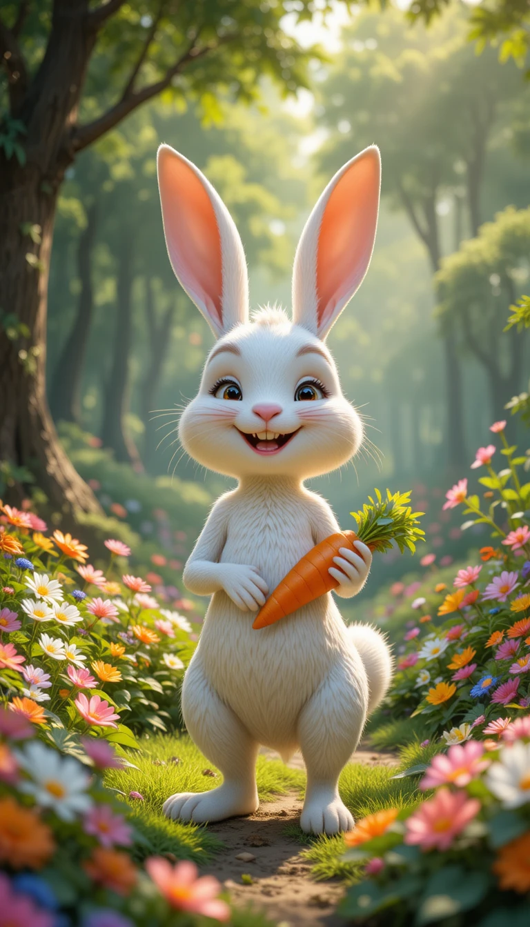 Coelhinho branco fofo segurando uma cenoura em uma floresta mágica