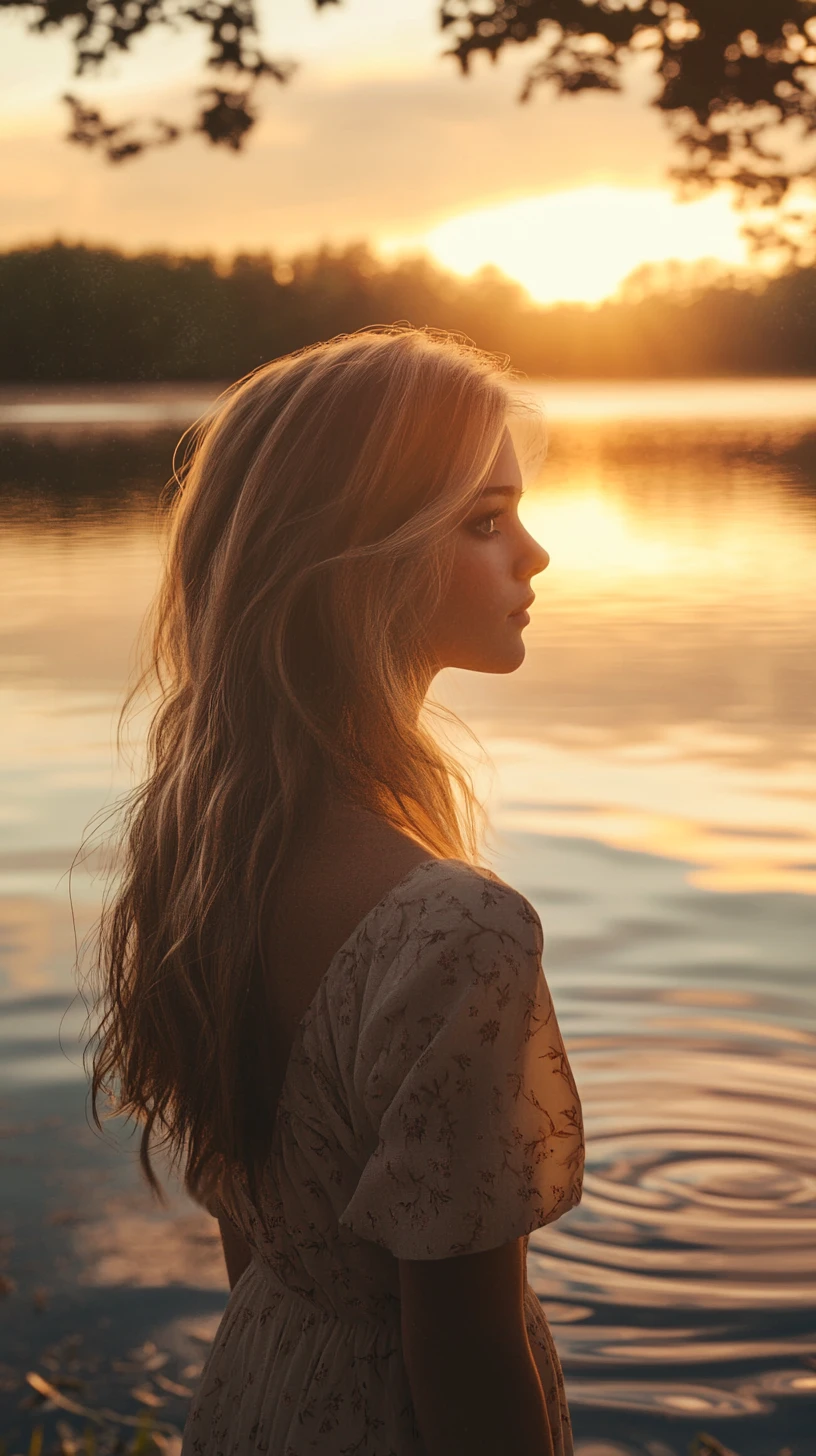 Young woman by a still lake at warm sunset