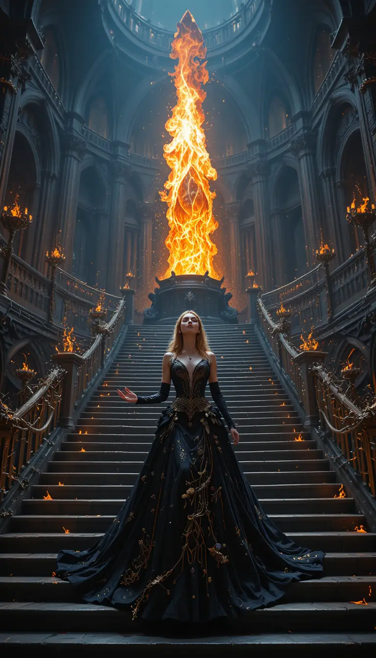 Powerful sorceress in a gothic cathedral of blazing fire