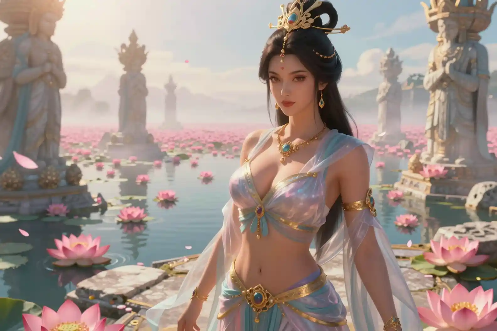 Fantasy queen on ancient ruins above lotus lakes