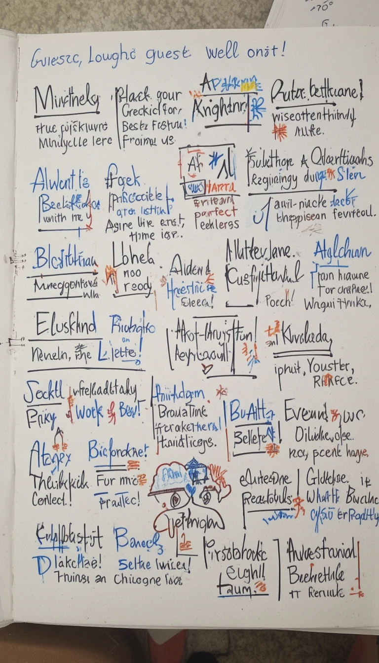 Weißes Blatt voller mehrsprachiger handschriftlicher Gästewünsche